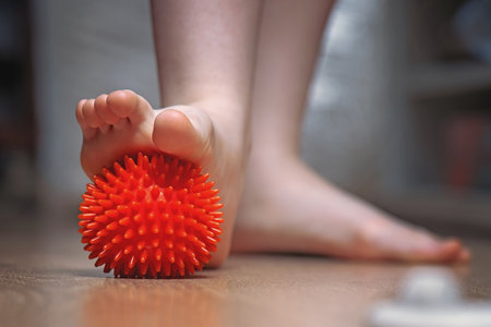 Elegant female foot rolling a red spiked silicone massage ball under the sole.の写真素材