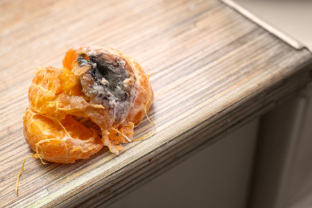 The inside of a mandarin orange contaminated with mold and fungal growth.の写真素材