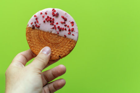 Hand holding a raspberry croissant half-covered with pink icing and dried berries on green background, perfect for food blogs and bakery ads.の写真素材