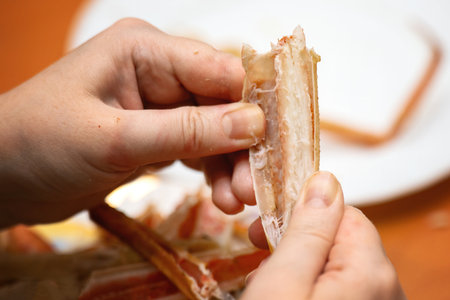 Hands extracting meat from large crab leg, perfect for seafood cooking tutorials and culinary photography.の写真素材