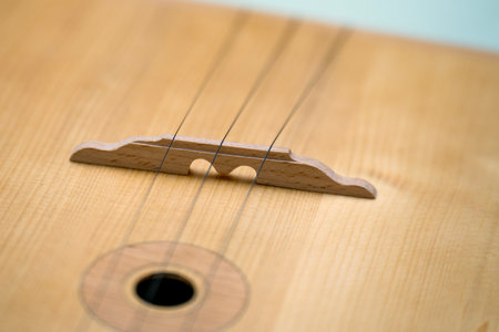 Wooden string bridge, called loshadka, on a traditional Russian balalaika.の写真素材