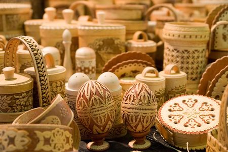 decorative wooden easter eggs with an ornamentの写真素材
