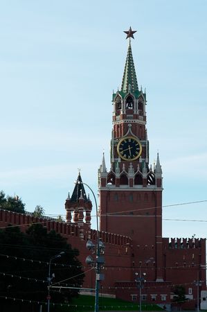 tower of the Kremlin with a clock on the Red Square in Moscowの写真素材