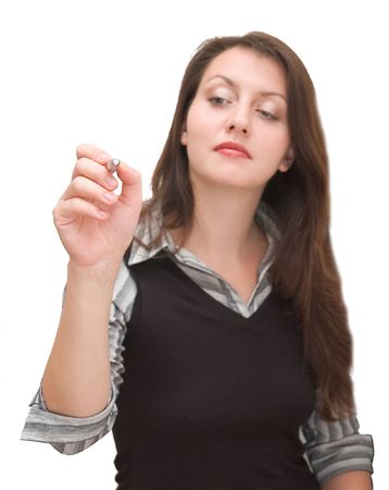 Woman with a stylus writting in air. Focus on fingers and stylusの写真素材