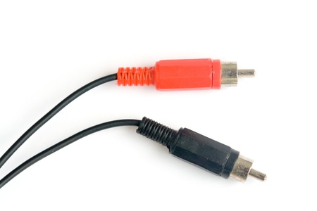 red and white rca cable connectors on a white backgroundの写真素材