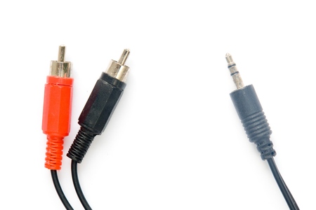 red and white rca cable connectors on a white backgroundの写真素材