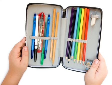 School case with pencils, pens and compassesの写真素材