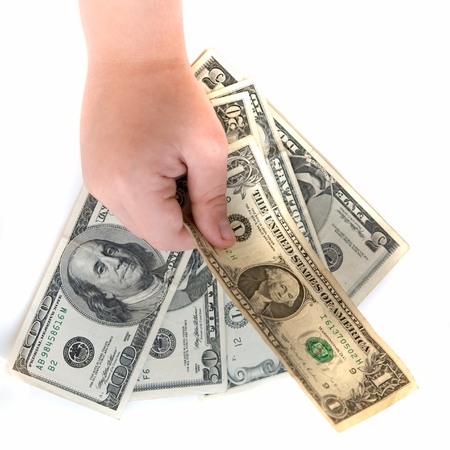 Hand with dollar on a white backgroundの写真素材
