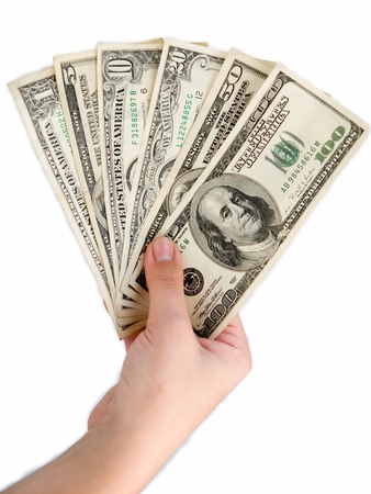 Female hand with dollars on a white background.の写真素材