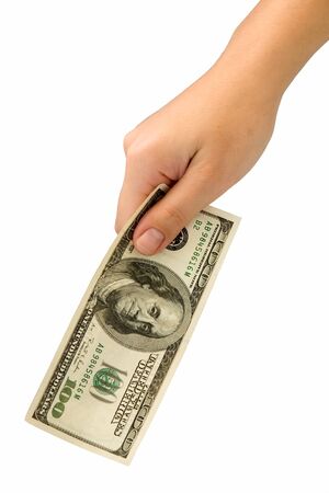 Female hand with one hundred dollars on a white background.の写真素材