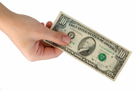Female hand with ten dollars on a white background.の写真素材