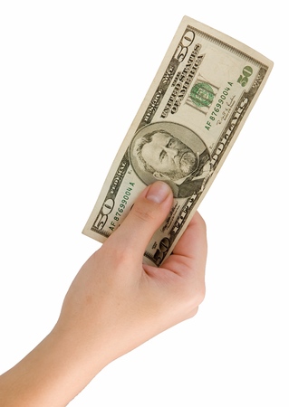 Female hand with fifty dollars on a white background.の写真素材