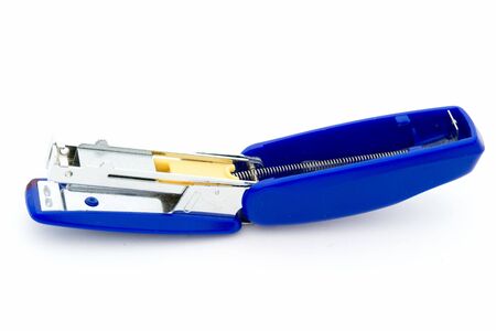 Open blue stapler on a white background.の写真素材
