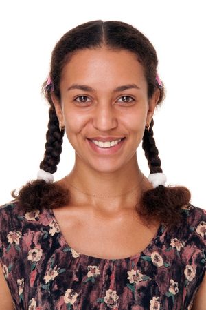 young woman with pigtails,  isolated on white backgroundの写真素材