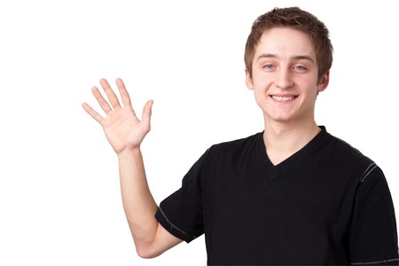 Greeting. Pleased to meet you. Young man on a white background.の写真素材