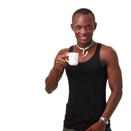 young man with cup isolated on a white background with copy spaceの写真素材