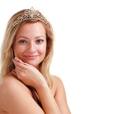 Young woman with diadem, isolated on white background with copyspaceの写真素材