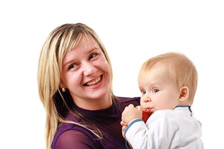 smiling woman and baby boy on a white background