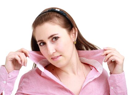 Closeup portrait of a young woman on a white backgroundの写真素材