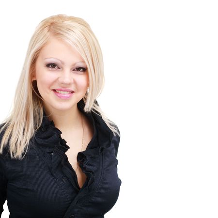 Smiling young woman on a white background with copyspace.の写真素材