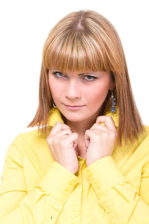 Attractive young woman, closeup on white backgroundの写真素材