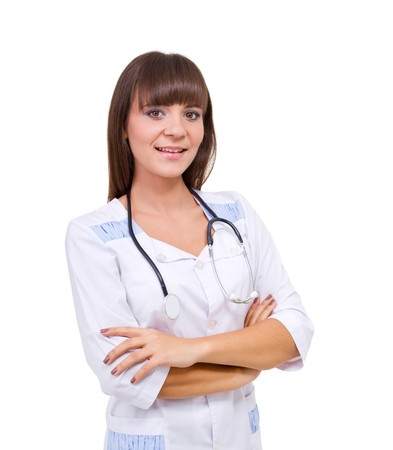 Smiling doctor with stethoscope, isolated on a white background with copyspaceの写真素材