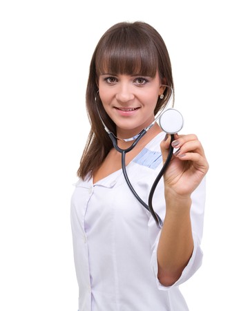 Doctor with stethoscope, isolated on a white background with copyspaceの写真素材