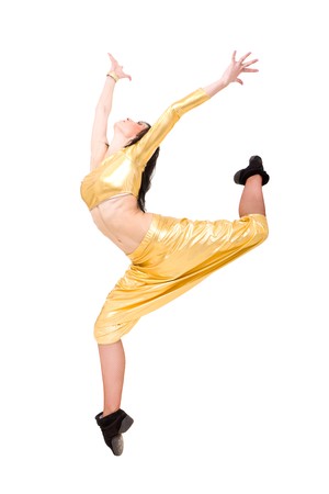Young dancer jumping against isolated white backgroundの写真素材