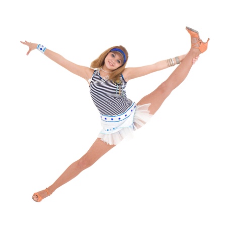 Young woman makes split against isolated white backgroundの写真素材