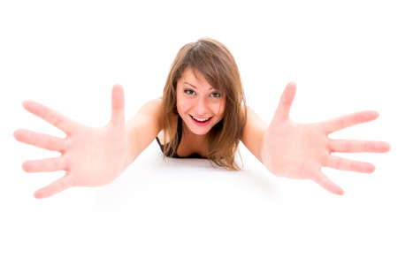 Beautiful happy woman. Isolated over white backgroundの写真素材