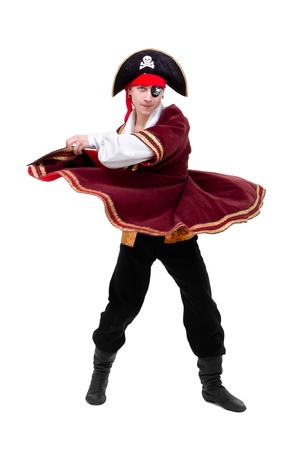 young dancer dressed as pirate seated dancing against isolated white backgroundの写真素材