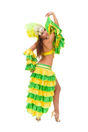 Beautiful carnival dancer posing against isolated white backgroundの写真素材