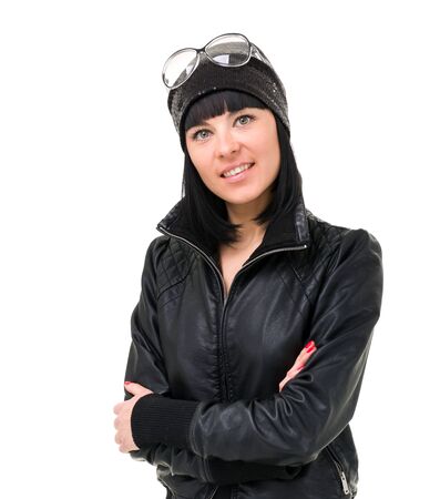 Happy young woman on a white background with copyspaceの写真素材