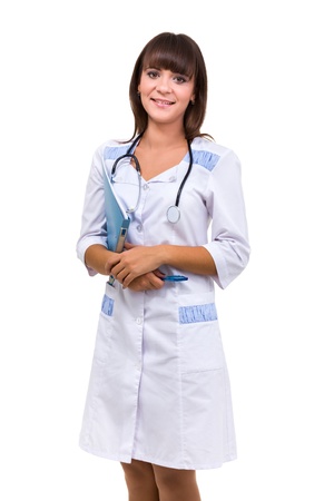 Portrait of young doctor or medic with clipboard and stethoscope isolated on white backgroundの写真素材