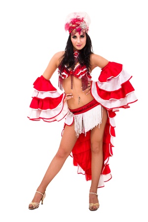 Beautiful carnival dancer posing against isolated white backgroundの写真素材