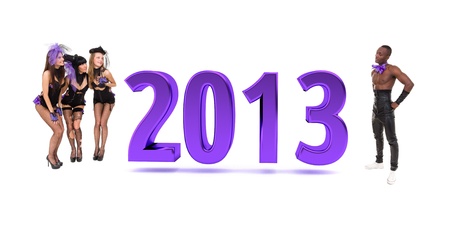 Erotic cabaret dancers posing with Happy New Year 2013 against isolated white backgroundの写真素材