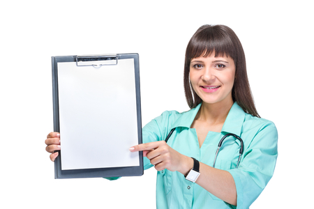 Young woman medical  doctor or nurse holding notebook with copy space for text.の写真素材