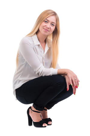 Full length of young business woman, isolated on white backgroundの写真素材