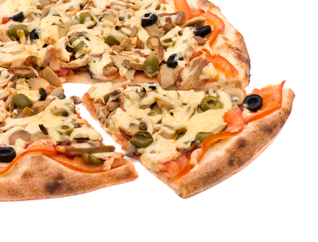 Pizza with cheese and ham isolated on white backgroundの写真素材
