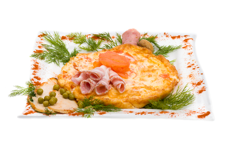 ham and cheese pie on white backgroundの写真素材
