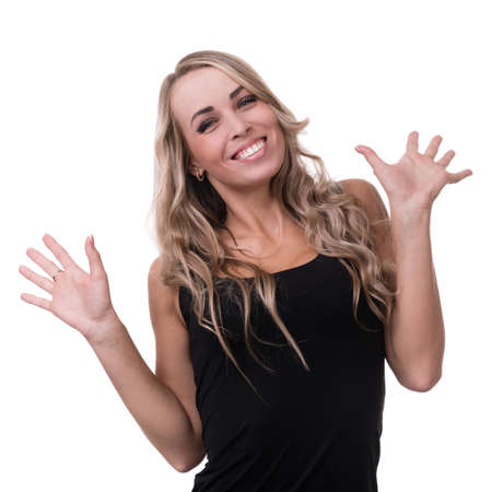 Closeup portrait of surprised young lady isolated on white studio shot with copyspaceの写真素材