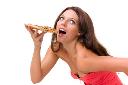 Smiling woman with big pizza isolated on a whiteの写真素材