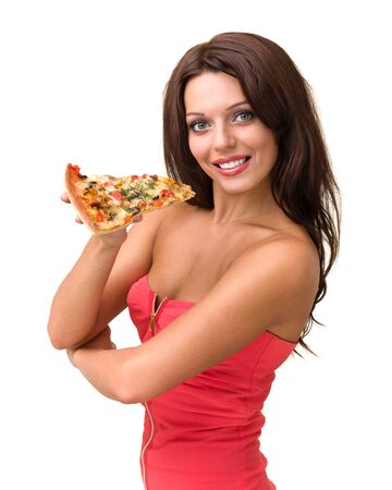 Smiling woman with big pizza isolated on a whiteの写真素材