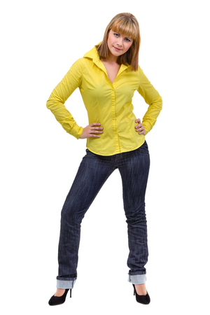 Smiling young woman isolated over whiteの写真素材