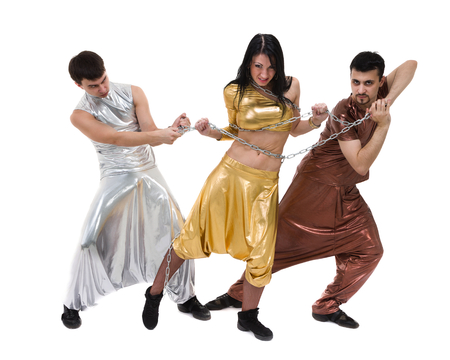 Modern dancer team dancing, isolated on white in full length.の写真素材
