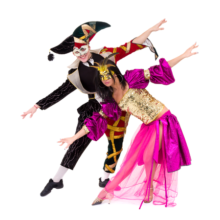 carnival dancers team a mask dancing, isolated on white in full length.の写真素材