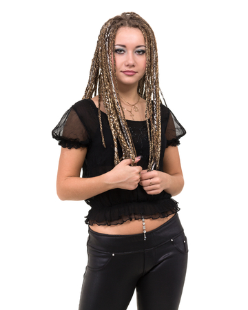 portrait of young smiling woman with dreadlocks.の写真素材