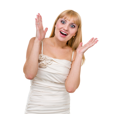 Closeup portrait of surprised young lady isolated on whiteの写真素材
