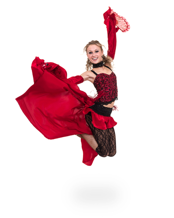 young flamenco woman jumping, isolated in full body on whiteの写真素材