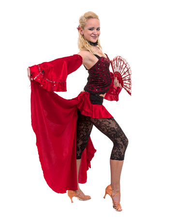 young woman dancing, isolated in full body on whiteの写真素材